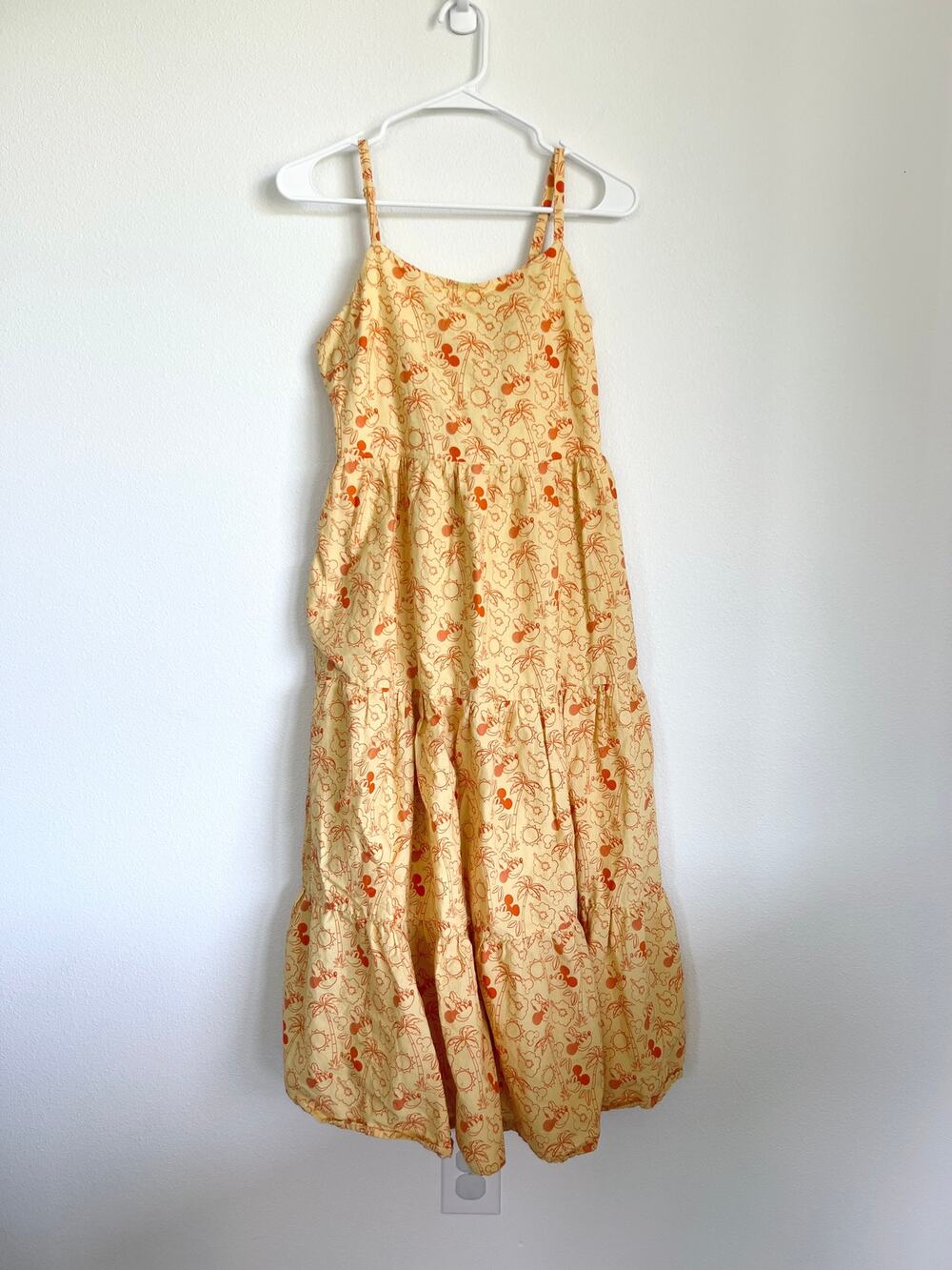 Disney Mickey Mouse Hawaiian Palm Tree Yellow Tiered Midi Sun Dress Size Small